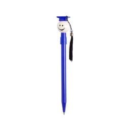 A blue pen featuring a smiling graduation cap character on top, complete with a tassel and a logo.