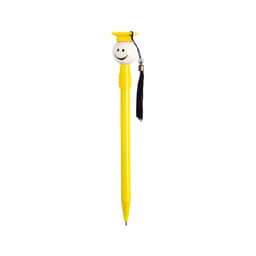 A yellow pen featuring a smiling graduation cap topper and a tassel, with a logo on the body.