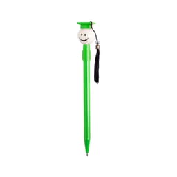 A green pen with a graduation cap topper and a tassel, featuring a smiling face. It has a logo at the base.