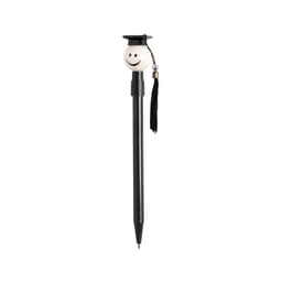 A black pen with a smiling graduate cap topper and a tassel, featuring a logo on the barrel.