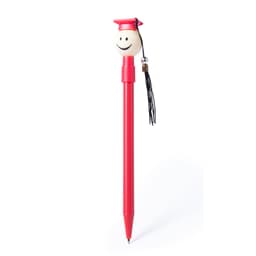 A red pen with a smiling graduate cap topper and a tassel attached. It features a simple design and is ideal for writing.