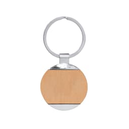 A round keyring with a silver metal loop and a wooden body, featuring a smooth, natural wood finish.