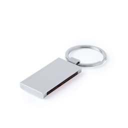 A silver keyring with a rectangular design and a metal ring for attachment, featuring a branding logo.