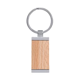A wooden keyring with a silver metal ring, featuring a light wood finish and a polished metallic accent.