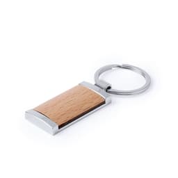A rectangular keyring featuring a wooden section with a sleek silver metal frame.