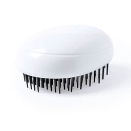 A white hairbrush with black bristles, featuring a smooth oval design and a simple logo.