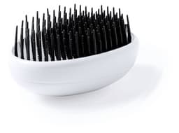 A hairbrush with a white base and black bristles, featuring an ergonomic design. It has a simple logo on the side.