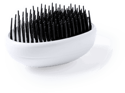 A white hairbrush with a rounded design and black bristles, featuring a branding logo.