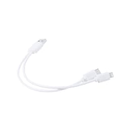 A white charging cable with a USB connector and two detachable ends for charging different devices.