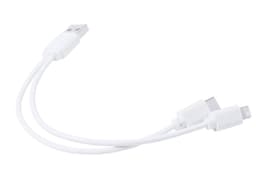 A charging cable in white featuring a USB connector and two additional connectors. The cable has a sleek design.
