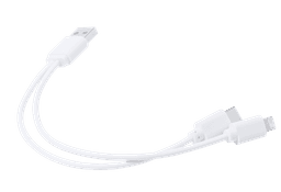 A white charging cable with a USB end and two connectors for different devices. Contains a logo.