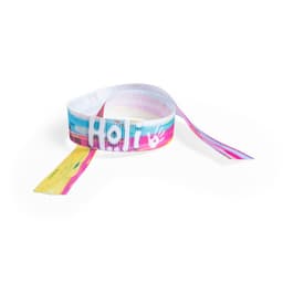 A vibrant fabric ribbon featuring colourful patterns, with a logo and multi-coloured design.
