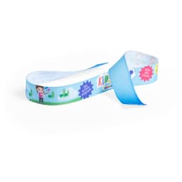 A colourful ribbon featuring a playful design with various illustrations, ideal for clothing accessories. It has a branding logo.
