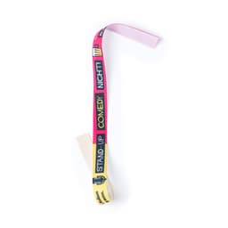 A multicoloured strap featuring text in black, red, and yellow, with a branding logo.