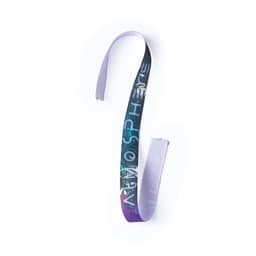A long, patterned ribbon in shades of purple and blue, featuring a decorative design and a logo.