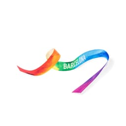 A multicoloured ribbon with the word "BARCELONA" printed on it. It features gradient hues of red, orange, blue, and purple.