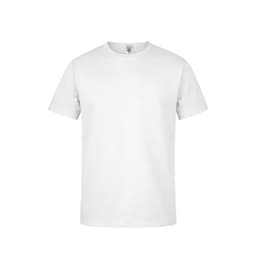 A plain white t-shirt with short sleeves and a round neckline. It features a logo on the label.