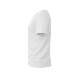 A white MC130 T-Shirt displayed from the side, featuring a simple design and a logo on the fabric.