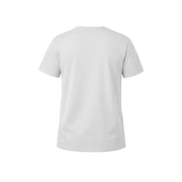 A plain white t-shirt with a short sleeve design and a simple back view, featuring a logo.