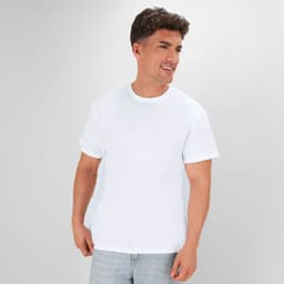 A white T-shirt with short sleeves, featuring a relaxed fit and a logo on the front.
