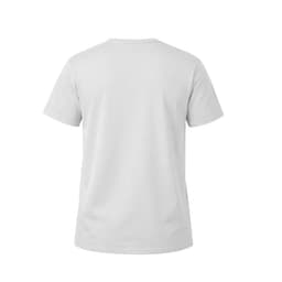 A plain white t-shirt with a standard crew neckline and short sleeves, featuring a brand logo on the back.