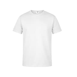 A plain white T-shirt with short sleeves and a round neckline. Features a branding logo.