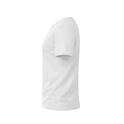 A white MC150 T-shirt displayed from the side, featuring short sleeves and a simple design. It has a logo on the fabric.