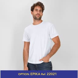 A white MC150 T-Shirt featured on a model, showcasing a casual style and fitted design. It has a logo on the label.