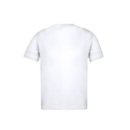 A white T-shirt with a classic crew neckline and short sleeves, featuring a logo on the back.
