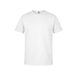 A white T-shirt with short sleeves and a round neckline. Features a logo on the label.