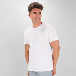 A white t-shirt features a classic crew neck and short sleeves, displayed on a model against a light background.