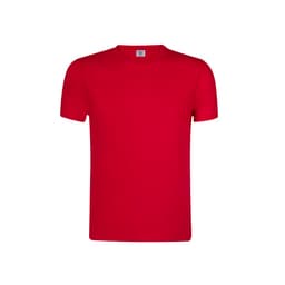 A plain red adult T-shirt with a crew neck and short sleeves, featuring a logo on the label.