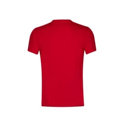 A red T-shirt featuring a plain design with short sleeves and a crew neckline, also includes a logo.