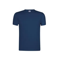 A navy blue short-sleeved T-shirt with a round neckline and a logo on the label.