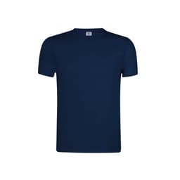 A navy blue T-shirt featuring a solid design and a logo on the label. Short sleeves and a round neckline.