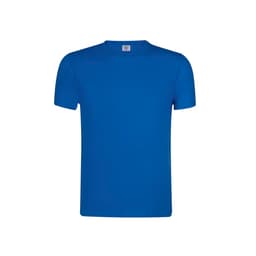 A blue short-sleeved T-shirt featuring a simple design and a label inside the neckline.