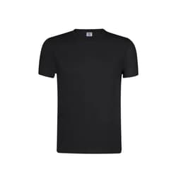 A black MC180-OE T-shirt featuring a classic crew neckline and short sleeves, with a branding logo.