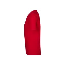 A red short-sleeved T-shirt with a smooth texture and a visible logo on the side.