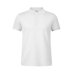 A white MPS180 polo shirt featuring a collar and short sleeves, with a logo on the label.