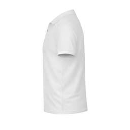 A white polo shirt featuring a collar and short sleeves. The shirt has a logo on it.