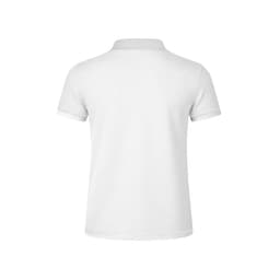 A white polo shirt with a classic collar and short sleeves, featuring a logo on the upper back.