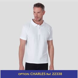 A white polo shirt with a collar and short sleeves, featuring a logo on the chest.