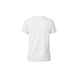 A white short-sleeved T-shirt with a plain back and a logo at the neck.