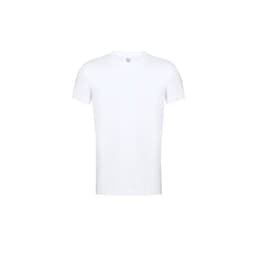 A plain white T-shirt with short sleeves, featuring a logo on the interior label.