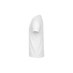 A white YC150 T-Shirt featuring short sleeves, displayed from the side. The shirt has a simple design and a logo.