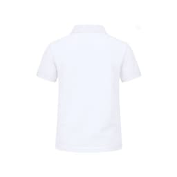 A white polo shirt with a classic collar and short sleeves, featuring a logo on the back.