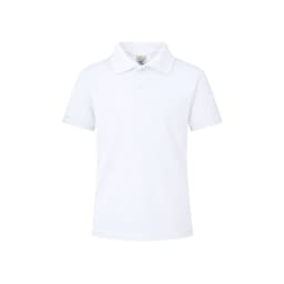 A white YPS180 polo shirt with a collar and buttoned placket, featuring a branding logo.