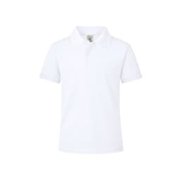 A white polo shirt with a collar, short sleeves, and a logo on the chest.