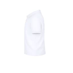 A white polo shirt featuring a collar and short sleeves, showing a side view. The shirt includes a logo.