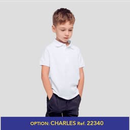 A child wearing a white polo shirt with short sleeves, hands in pockets, against a grey background.